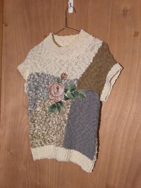Vintage SML Sport Patchwork Rose Crewneck Sweater in Cream, Gray & Brown